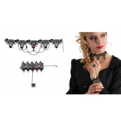 11088 accessoire de deguisement halloween tour de cou bracelet avec bague araignee noir rouge