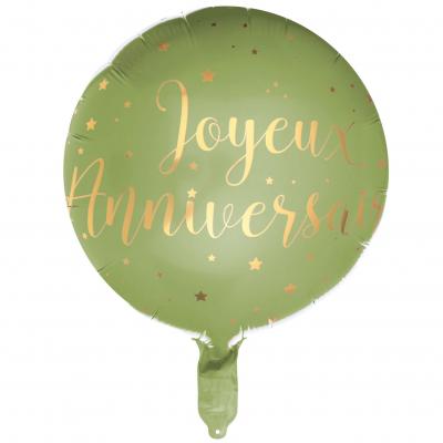 1 Ballon aluminium joyeux anniversaire vert olive et doré or métallisé 45cm REF/6238