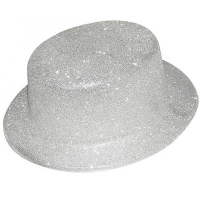 1 Chapeau plastique haut de forme argent pailleté REF/63551 (Accessoire déguisement adulte)