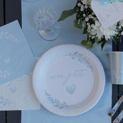 7621 decoration gobelet carton blanche et bleu ciel bapteme baby shower naissance