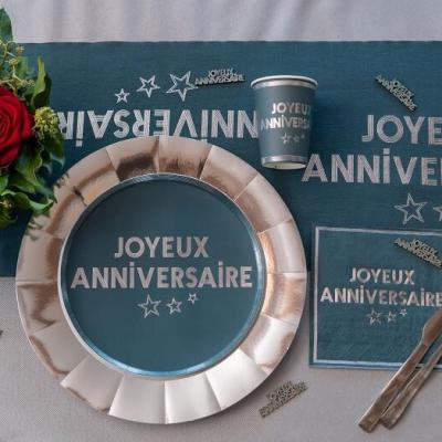 7983 assiette joyeux anniversaire carton bleu canard et argent