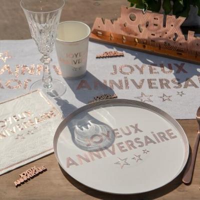 7984 gobelet carton joyeux anniversaire elegant blanc et rose gold metallise