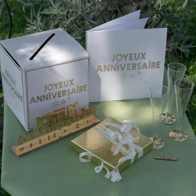 7987 tirelire urne joyeux anniversaire blanche dore or metallique