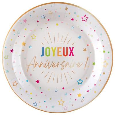 9019 assiette ronde carton joyeux anniversaire blanche multicolore