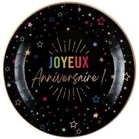 9019 assiette ronde carton joyeux anniversaire noire multicolore