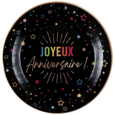 9019 assiette ronde carton joyeux anniversaire noire multicolore