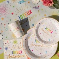 9019 vaisselle assiette ronde en carton joyeux anniversaire blanche multicolore