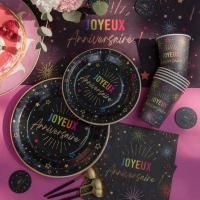 9019 vaisselle assiette ronde en carton joyeux anniversaire noire multicolore