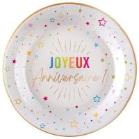 9035 petite assiette ronde carton joyeux anniversaire blanche multicolore