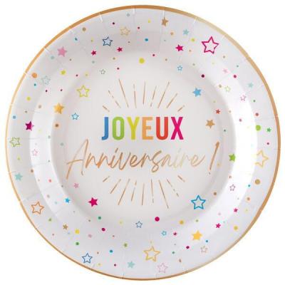 9035 petite assiette ronde carton joyeux anniversaire blanche multicolore