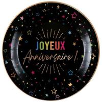 9035 petite assiette ronde carton joyeux anniversaire noire multicolore