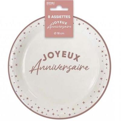 A18rg00 assiette ronde carton joyeux anniversaire rose gold mat