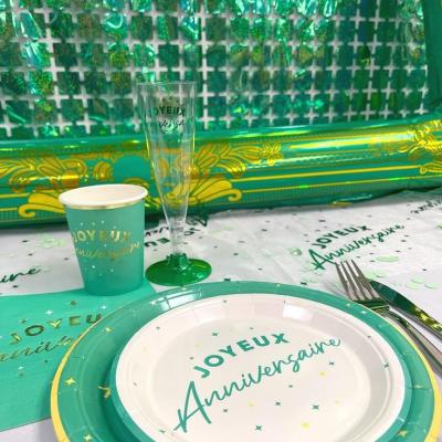 Aa1824 assiette ronde carton joyeux anniversaire vert mint et blanche 18cm