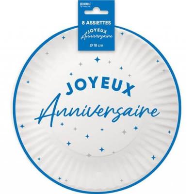 Aa1824bl assiette rond joyeux anniversaire blanche et bleue