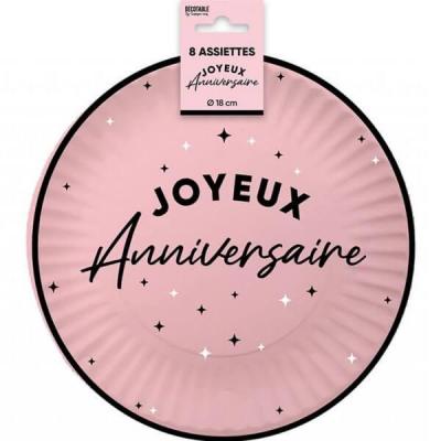 Aa1824rs assiette rond joyeux anniversaire rose et noire