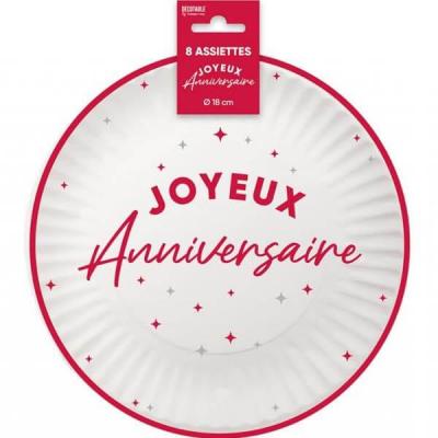 Aa1824ru assiette rond joyeux anniversaire blanche et rouge