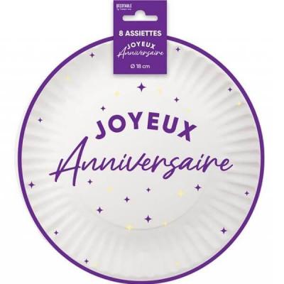 Assiette ronde carton Joyeux Anniversaire 18cm (x8) blanc et violet Astral REF/AA1824VL