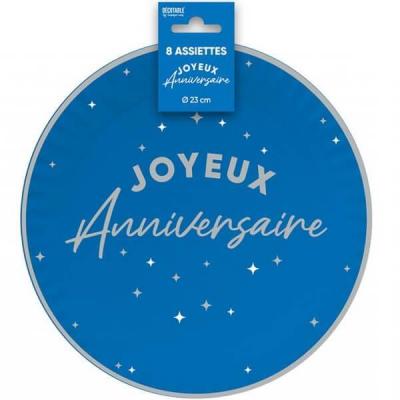 Aa2324bl assiette ronde carton joyeux anniversaire bleue