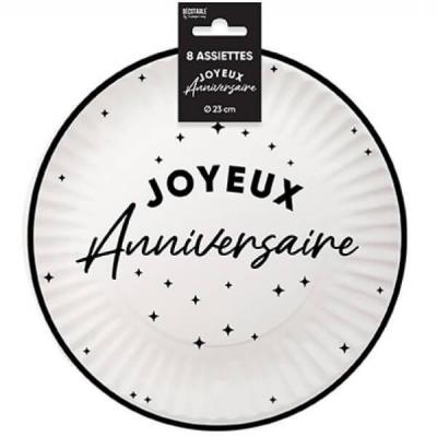 Aa2324nb assiette ronde carton joyeux anniversaire blanch et noire