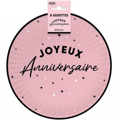 Aa2324rs assiette ronde carton joyeux anniversaire rose