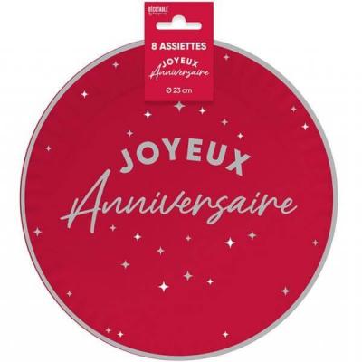 Aa2324ru assiette ronde carton joyeux anniversaire rouge