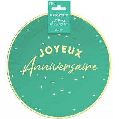 Aa2324vr assiette ronde carton joyeux anniversaire vert mint