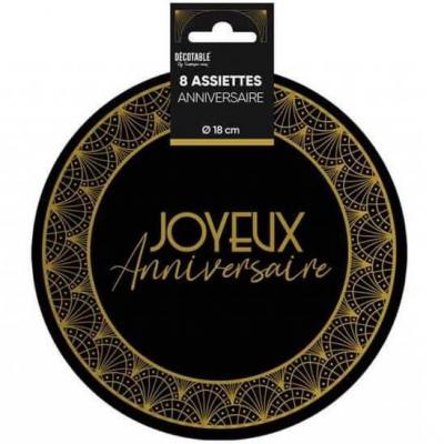 Ardaa18 assiette ronde carton joyeux anniversaire noir et dore or art deco