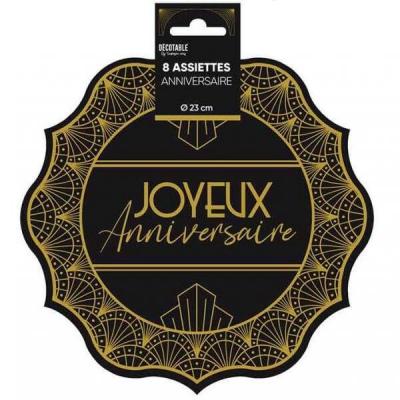 Ardaa23 assiette carton joyeux anniversaire noir et dore or art deco 23cm