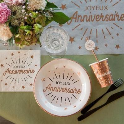 Assiette joyeux anniversaire blanche et rose gold