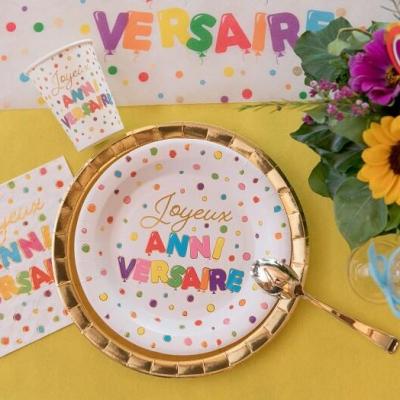 Assiette joyeux anniversaire multicolore metallique