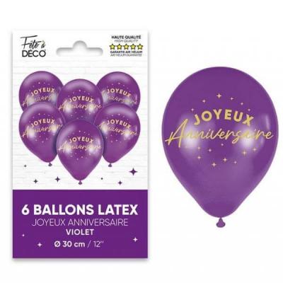 Ballon latex Joyeux Anniversaire 30cm (x6) Violet Astral REF/BAL24VL