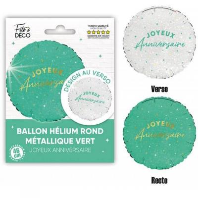 Balh24 ballon lauminium ronde joyeux anniversaire bicolore blanc et vert mint