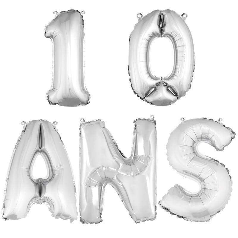 Ballon numéro 10 en argent holographique XL (rempli d'hélium) –