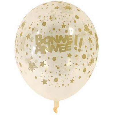 Ballon en latex transparent et or Bonne Année de 30cm (x6) REF/BAL238