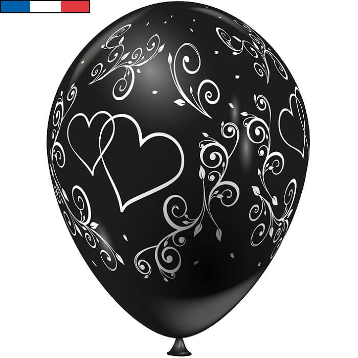 Ballon mariage noir avec arabesques et coeurs (x8) 43754