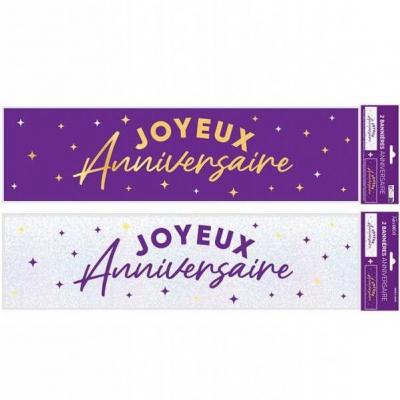 2 Bannières Joyeux Anniversaire: blanc irisé et violet Astral (16 x 61cm) REF/BAN24VL