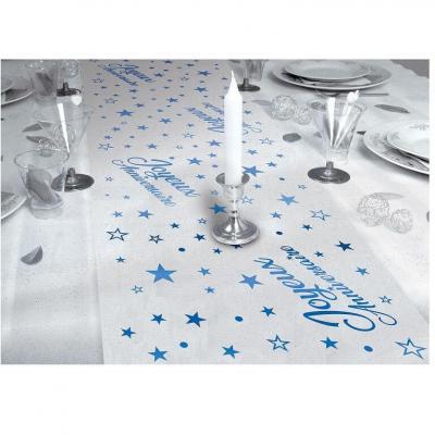 Chemin de table joyeux anniversaire organza bleu et transparent