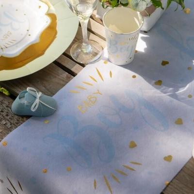 Decoration de table baby shower blanc bleu et or