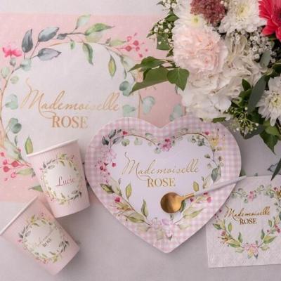 Decoration de table vaisselle baby shower rose fleur fille