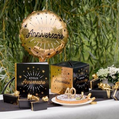 Decoration urne joyeux anniversaire noir et or metallique