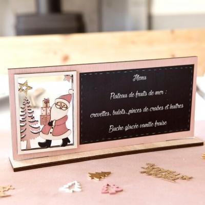 Dek0641 decoration ardoise menu scene de noel rose naturel en bois