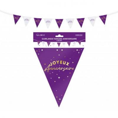 1 Guirlande fanion joyeux anniversaire: blanc irisé et violet Astral 6m REF/GF24VL