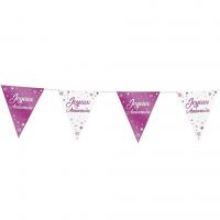 Guirlande fanion joyeux anniversaire blanche et rose fuchsia metallisee