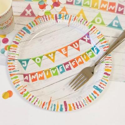 Jet036 vaisselle jetable assiette ronde carton joyeux anniversaire multicolore 23cm