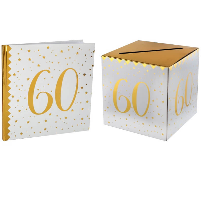 1 Pack urne avec livre d'or anniversaire 60ans or et blanc