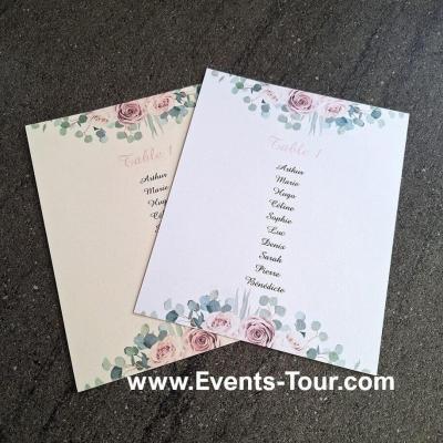 Pes 426 carte irise avec fleurs roses et eucalyptus pour plan de table