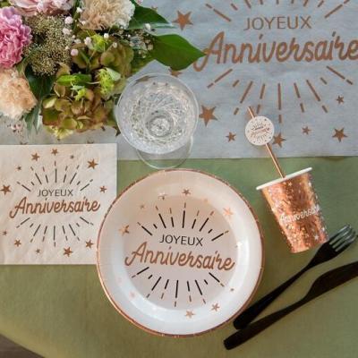 Serviette de table joyeux anniversaire blanche et rose gold