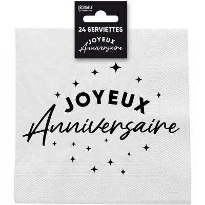 Stam24 serviette de table joyeux anniversaire papier 2 plis blanche et noire